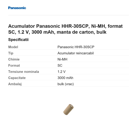 Acumulator Panasonic HHR-30SCP, Ni-MH, format SC, 1.2 V, 3000 mAh, manta de carton, bulk [2]