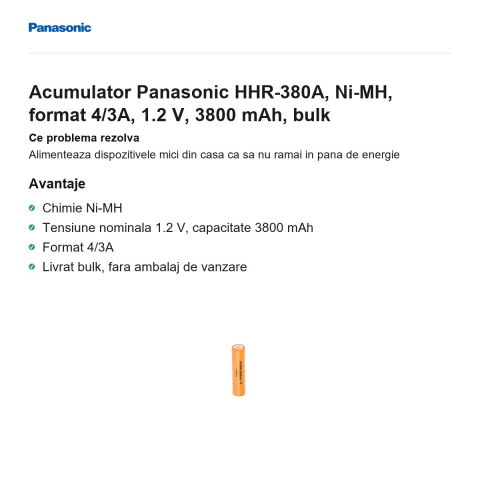 Acumulator Panasonic HHR-380A, Ni-MH, format 4/3A, 1.2 V, 3800 mAh, bulk [1]