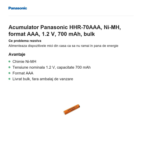 Acumulator Panasonic HHR-70AAA, Ni-MH, format AAA, 1.2 V, 700 mAh, bulk [1]
