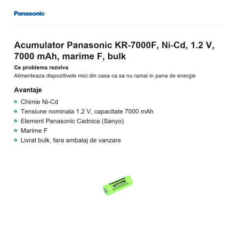 Acumulator Panasonic KR-7000F, Ni-Cd, 1.2 V, 7000 mAh, marime F, bulk [1]