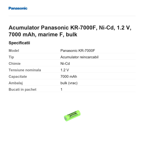 Acumulator Panasonic KR-7000F, Ni-Cd, 1.2 V, 7000 mAh, marime F, bulk [2]
