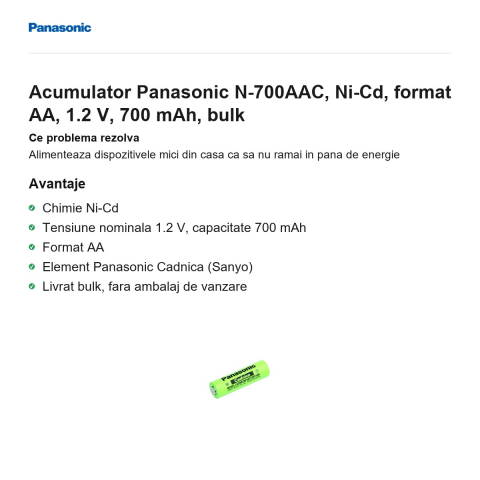 Acumulator Panasonic N-700AAC, Ni-Cd, format AA, 1.2 V, 700 mAh, bulk [1]