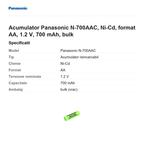Acumulator Panasonic N-700AAC, Ni-Cd, format AA, 1.2 V, 700 mAh, bulk [2]