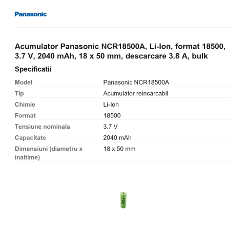 Acumulator Panasonic NCR18500A, Li-Ion, format 18500, 3.7 V, 2040 mAh, 18 x 50 mm, descarcare 3.8 A, bulk [2]