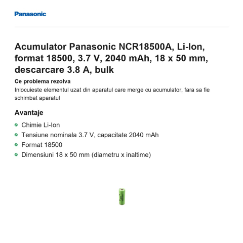 Acumulator Panasonic NCR18500A, Li-Ion, format 18500, 3.7 V, 2040 mAh, 18 x 50 mm, descarcare 3.8 A, bulk [1]