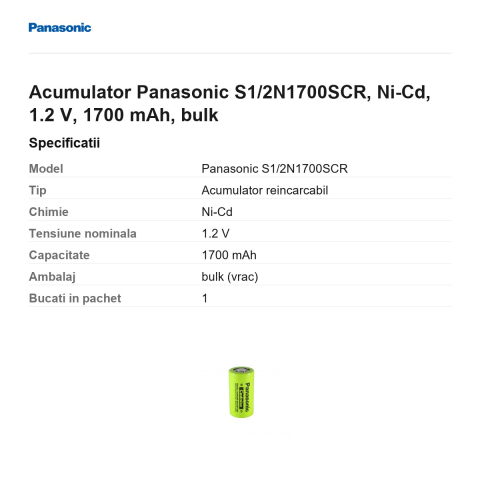 Acumulator Panasonic S1/2N1700SCR, Ni-Cd, 1.2 V, 1700 mAh, bulk [2]