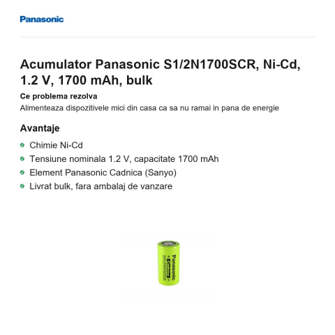 Acumulator Panasonic S1/2N1700SCR, Ni-Cd, 1.2 V, 1700 mAh, bulk [1]