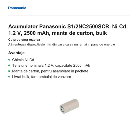 Acumulator Panasonic S1/2NC2500SCR, Ni-Cd, 1.2 V, 2500 mAh, manta de carton, bulk [1]