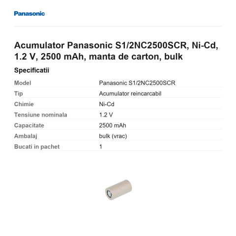 Acumulator Panasonic S1/2NC2500SCR, Ni-Cd, 1.2 V, 2500 mAh, manta de carton, bulk [2]