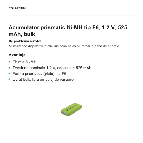 Acumulator prismatic Ni-MH tip F6, 1.2 V, 525 mAh, bulk [1]