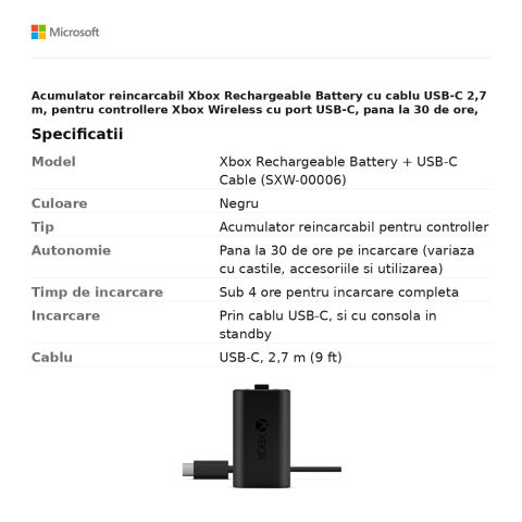 Acumulator reincarcabil Xbox Rechargeable Battery cu cablu USB-C 2,7 m, pentru controllere Xbox Wireless cu port USB-C, pana la 30 de ore, negru, SXW-00006 [2]