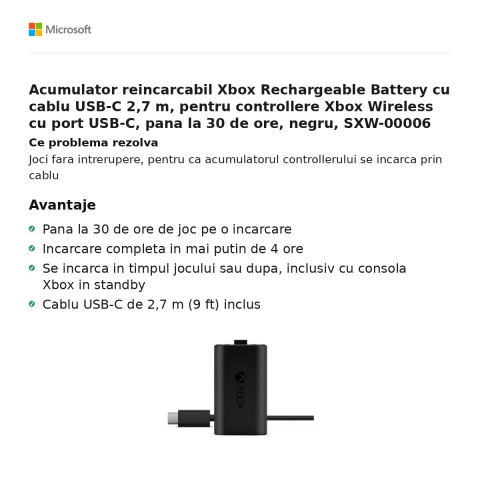 Acumulator reincarcabil Xbox Rechargeable Battery cu cablu USB-C 2,7 m, pentru controllere Xbox Wireless cu port USB-C, pana la 30 de ore, negru, SXW-00006 [1]