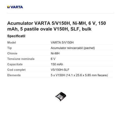 Acumulator VARTA 5/V150H, Ni-MH, 6 V, 150 mAh, 5 pastile ovale V150H, SLF, bulk [2]