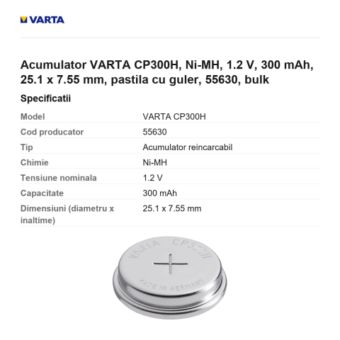Acumulator VARTA CP300H, Ni-MH, 1.2 V, 300 mAh, 25.1 x 7.55 mm, pastila cu guler, 55630, bulk [2]