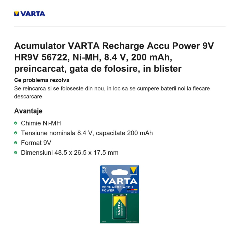 Acumulator VARTA Recharge Accu Power 9V HR9V 56722, Ni-MH, 8.4 V, 200 mAh, preincarcat, gata de folosire, in blister [1]