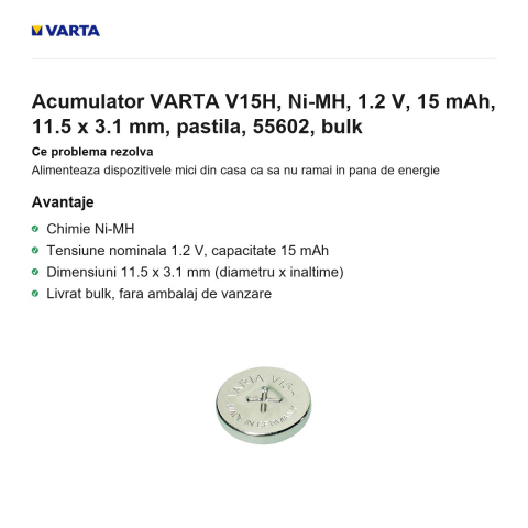 Acumulator VARTA V15H, Ni-MH, 1.2 V, 15 mAh, 11.5 x 3.1 mm, pastila, 55602, bulk [1]