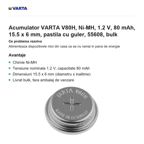Acumulator VARTA V80H, Ni-MH, 1.2 V, 80 mAh, 15.5 x 6 mm, pastila cu guler, 55608, bulk [1]