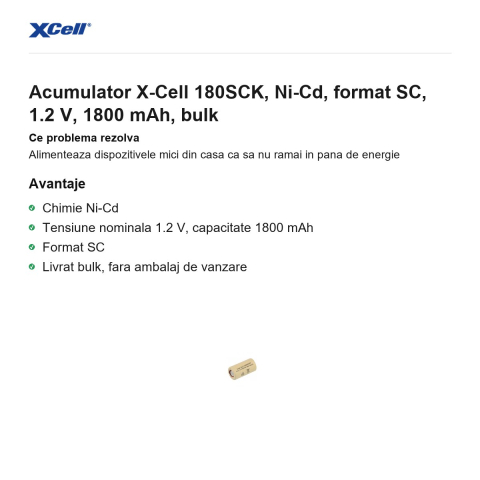 Acumulator X-Cell 180SCK, Ni-Cd, format SC, 1.2 V, 1800 mAh, bulk [1]