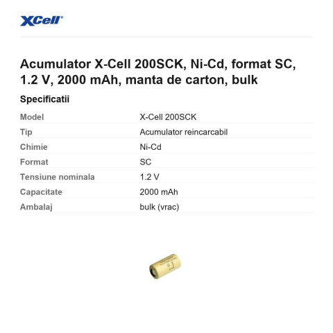 Acumulator X-Cell 200SCK, Ni-Cd, format SC, 1.2 V, 2000 mAh, manta de carton, bulk [2]