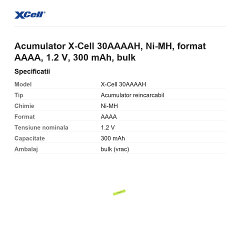 Acumulator X-Cell 30AAAAH, Ni-MH, format AAAA, 1.2 V, 300 mAh, bulk [2]