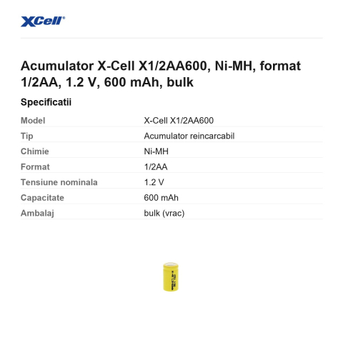 Acumulator X-Cell X1/2AA600, Ni-MH, format 1/2AA, 1.2 V, 600 mAh, bulk [2]