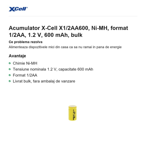 Acumulator X-Cell X1/2AA600, Ni-MH, format 1/2AA, 1.2 V, 600 mAh, bulk [1]