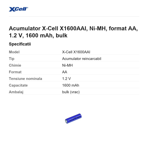 Acumulator X-Cell X1600AAI, Ni-MH, format AA, 1.2 V, 1600 mAh, bulk [2]