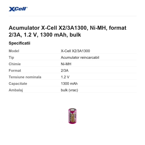 Acumulator X-Cell X2/3A1300, Ni-MH, format 2/3A, 1.2 V, 1300 mAh, bulk [2]