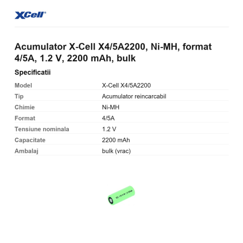 Acumulator X-Cell X4/5A2200, Ni-MH, format 4/5A, 1.2 V, 2200 mAh, bulk [2]