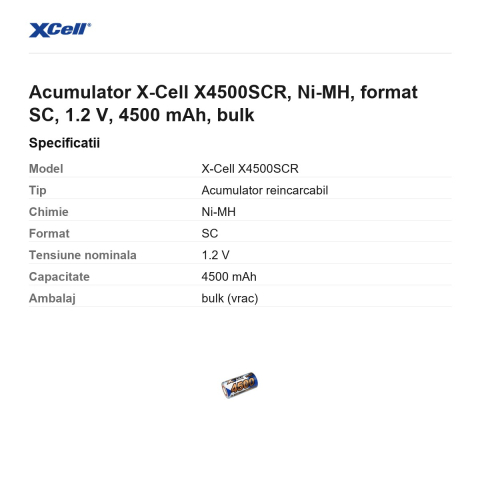 Acumulator X-Cell X4500SCR, Ni-MH, format SC, 1.2 V, 4500 mAh, bulk [2]