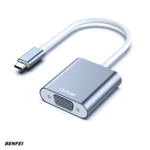 Cablu VGA - Adaptor Benfei USB C la VGA, Full HD 1080p 1920x1080 @ 60Hz, cablu 0.17m, chip IC, conectori in carcasa de aluminiu, Gri