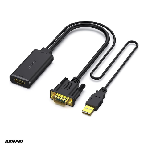 Conectica IT - Adaptor Benfei VGA la HDMI, Full HD 1920x1080 @ 60Hz 1080P, cablu audio incorporat, lungime cablu 0.26m, cu conexiune USB pentru alimentare suplimentara,  Negru
