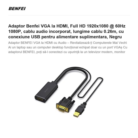 Adaptor Benfei VGA la HDMI, Full HD 1920x1080 @ 60Hz 1080P, cablu audio incorporat, lungime cablu 0.26m, cu conexiune USB pentru alimentare suplimentara,  Negru [1]
