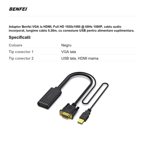 Adaptor Benfei VGA la HDMI, Full HD 1920x1080 @ 60Hz 1080P, cablu audio incorporat, lungime cablu 0.26m, cu conexiune USB pentru alimentare suplimentara,  Negru [2]