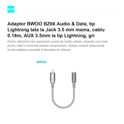 Adaptor BWOO BZ66 Audio & Data, tip Lightning tata la Jack 3.5 mm mama, cablu 0.18m, AUX 3.5mm la tip Lightning, gri [1]