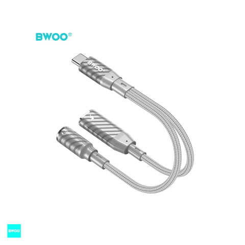 Adaptoare smartphone - Adaptor BWOO BZ67 2 in 1, USB-C tata la USB-C mama + Jack 3.5 mm mama, cablu 0.15m, gri