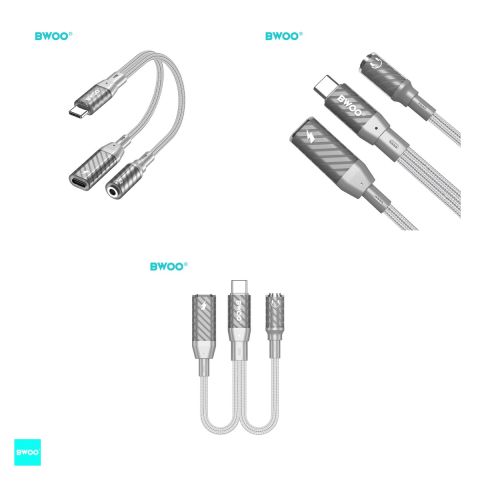 Adaptor BWOO BZ67 2 in 1, USB-C tata la USB-C mama + Jack 3.5 mm mama, cablu 0.15m, gri [3]