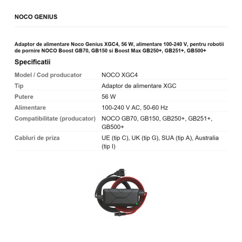 Adaptor de alimentare Noco Genius XGC4, 56 W, alimentare 100-240 V, pentru robotii de pornire NOCO Boost GB70, GB150 si Boost Max GB250+, GB251+, GB500+ [2]