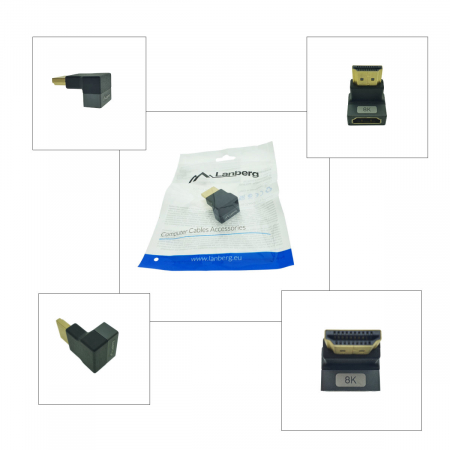 Adaptor HDMI tata la HDMI mama, 8K, unghi 90 grade, inclinat in jos, Lanberg 44099, DSC, eARC, HDR, carcasa aluminiu, argintiu [4]