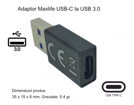 Adaptor Maxlife 94073 USB-C mama la USB 3.0 tata, in blister, negru [5]