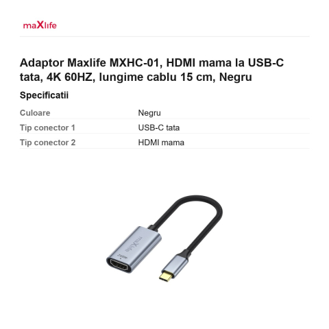 Adaptor Maxlife MXHC-01, HDMI mama la USB-C tata, 4K 60HZ, lungime cablu 15 cm, Negru [2]