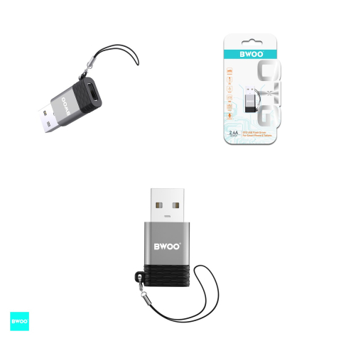 Adaptor OTG BWOO BZ-38, USB tata la USB-C mama, 2.4A, interfata USB 2.0, dimensiuni 35 x 19.3 x 7.1 mm, gri [3]