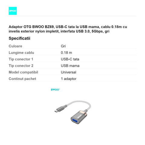 Adaptor OTG BWOO BZ69, USB-C tata la USB mama, cablu 0.18m cu invelis exterior nylon impletit, interfata USB 3.0, 5Gbps,  gri [2]