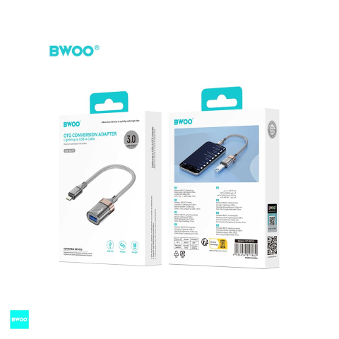 Adaptor OTG BWOO BZ70, tip Lightning la USB mama, cablu 0.18m cu invelis exterior nylon impletit, interfata USB 3.0, 5Gbps,  gri [4]