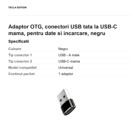 Adaptor OTG, conectori USB tata la USB-C mama, pentru date si incarcare, negru [2]