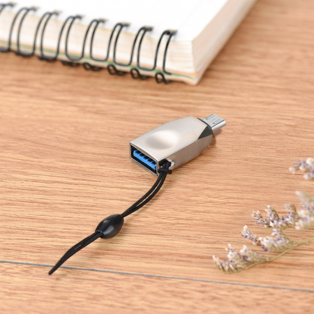 Adaptor OTG microUSB tata la USB 3.0 mama, HOCO UA10, carcasa aliaj de zinc, cu snur elastic, argintiu [8]