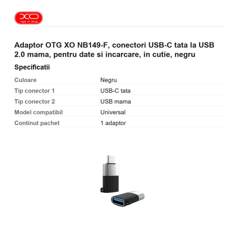 Adaptor OTG XO NB149-F, conectori USB-C tata la USB 2.0 mama, pentru date si incarcare, in cutie, negru [2]