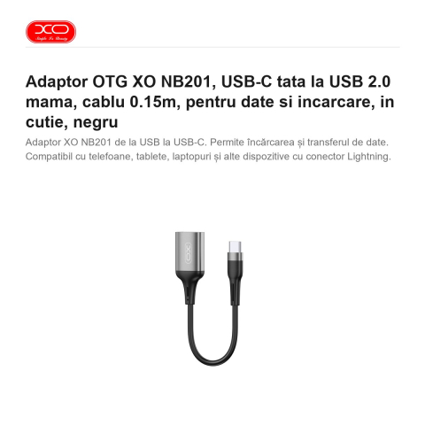Adaptor OTG XO NB201, USB-C tata la USB 2.0 mama, cablu 0.15m, pentru date si incarcare, in cutie, negru [1]