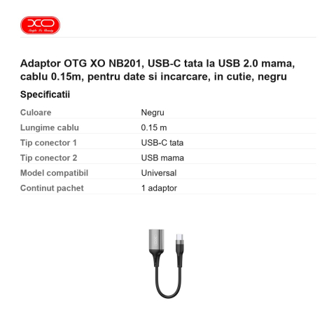 Adaptor OTG XO NB201, USB-C tata la USB 2.0 mama, cablu 0.15m, pentru date si incarcare, in cutie, negru [2]