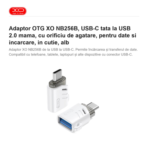 Adaptor OTG XO NB256B, USB-C tata la USB 2.0 mama, cu orificiu de agatare, pentru date si incarcare, in cutie, alb [1]